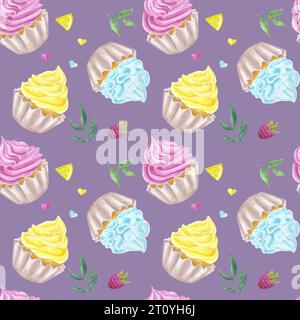 Nahtlose Muffins Muffins bunte süße Schlagsahne, Zitrone, Himbeere. Rosa, Gelb, Blau. Handgezeichnete Aquarellabbildung lila Stockfoto