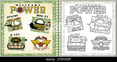 Vektor-Illustration der militärischen Elemente Cartoon, gepanzerte Fahrzeuge in Tarnrahmen-Grenze, Malseite oder Buch Stock Vektor