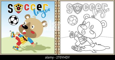 Cartoonvektor des lustigen Bären, der Fußball, Malseite oder Buch spielt Stock Vektor