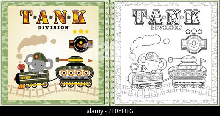 Karikaturvektor des niedlichen Elefanten auf Tarndampfbahn mit gepanzertem Fahrzeug, Malseite oder Buch Stock Vektor