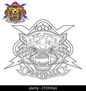 Tiger Head Logo Vektor Bite Rugby Ball mit Blitz, Malseite oder Buch Stock Vektor