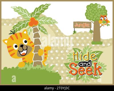 Cartoon-Vektor von Tiger und Eulen, die Verstecken im Wald spielen Stock Vektor
