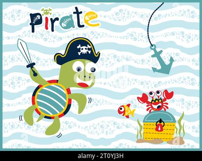 Vektor-Cartoon von Meerestieren im Piratenkostüm mit Schatzkiste, Unterwasser-Element-Illustration Stock Vektor