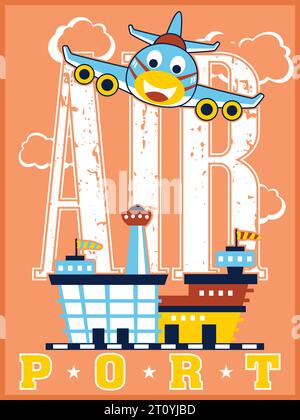 Lustiger Flugzeug-Cartoon-Vektor bereit, auf einem Flughafen zu landen. Grafikunterricht für Kinder Stock Vektor