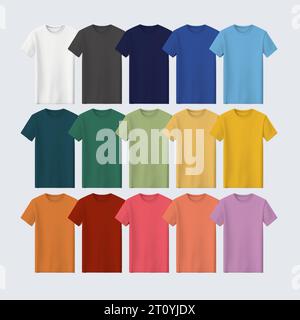 Mehrfarbiges T-Shirt für Designer, Unisex Mockup Fashion Shirt, Mann blank T-Shirt Kleidung Vorlage, realistische männliche Front 3D Shirt Kleidung Stock Vektor