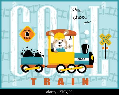 Karikaturvektor des niedlichen Känguruhs auf Dampfeisenbahn, Eisenbahnelemente auf Eisenbahnhintergrund Stock Vektor