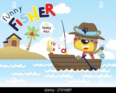 Cartoon-Vektor der lustigen Katze mit Ente auf Boot Fischen im Meer Stock Vektor