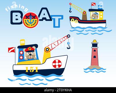 Karikaturvektor der lustigen Tiere Seemann auf Boot mit Kran, Segelelement Illustration Stock Vektor