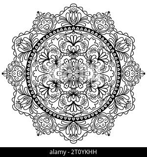 Abstraktes florales Mandala-Muster mit Motiven im ungarischen Volkskunst-Stil in schwarzer Farbe auf weißem Hintergrund. Stock Vektor