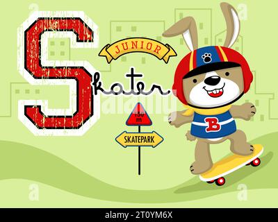 Lustiges Kaninchen mit Helm, das Skateboard im Skatepark auf Gebäude Hintergrund spielt. Vektor-Zeichentrick-Illustration Stock Vektor