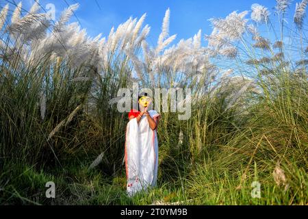 Das Modemodell Rima Bhattacharya posiert während des Agomoni Concept Outdoor Fotoshootings in einem mit Catkins oder Kashful gefüllten Gebiet rund 60 km von Kalkutta entfernt, während es einen traditionellen indischen Saree trägt und das Gesicht des Durga-Idols in der Hand hält. Das Model Rima Bhattacharya posiert für ein Foto für die Fotoserie, die auf dem Thema Durga Puja Vibes in Indien basiert. Rima Bhattacharya, ein Model und Prominente in der bengalischen Mode- und Fernsehbranche, arbeitet mit der Fotoserie zusammen, um Durga Puja zu fördern. Die Fotoserie wird von einer Gruppe von Fotografen organisiert die die vor- Stockfoto