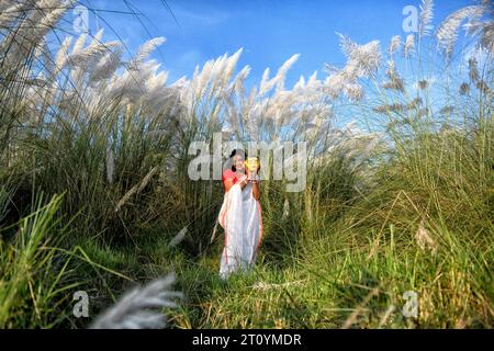 Das Modemodell Rima Bhattacharya posiert während des Agomoni Concept Outdoor Fotoshootings in einem mit Catkins oder Kashful gefüllten Gebiet rund 60 km von Kalkutta entfernt, während es einen traditionellen indischen Saree trägt und das Gesicht des Durga-Idols in der Hand hält. Das Model Rima Bhattacharya posiert für ein Foto für die Fotoserie, die auf dem Thema Durga Puja Vibes in Indien basiert. Rima Bhattacharya, ein Model und Prominente in der bengalischen Mode- und Fernsehbranche, arbeitet mit der Fotoserie zusammen, um Durga Puja zu fördern. Die Fotoserie wird von einer Gruppe von Fotografen organisiert die die vor- Stockfoto