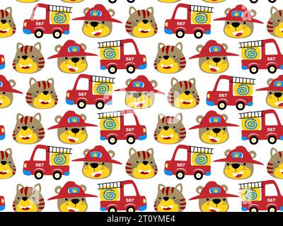 Nahtloser Mustervektor. Feuerwehrauto mit lustigem Bären, Feuerwehrhelm und lächelnder Katze Stock Vektor