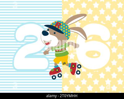 Lustiger Hase, der stilvoll Rollschuhlaufen auf gestreiftem und Sterne-Hintergrund spielt Stock Vektor