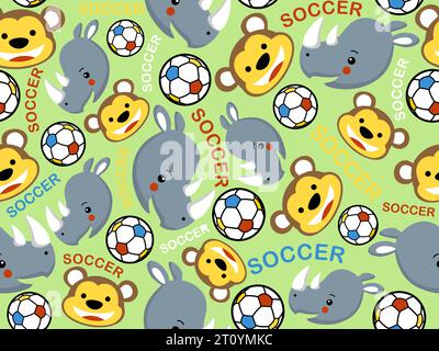 Nahtloser Mustervektor des Affen- und Nashornlächelgesichts mit Fußballbälle Stock Vektor