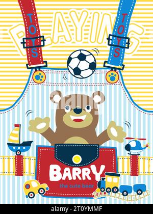 Glücklicher Bär, der Ball spielt, mit seinen Spielzeugen in Kinderbekleidung Stock Vektor
