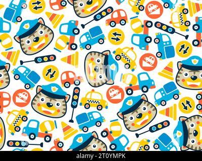 Nahtloser Mustervektor der lustigen Katze in Polizeikappe mit bunten Autos und Verkehrsschildern. Vektor-Zeichentrick-Illustration Stock Vektor