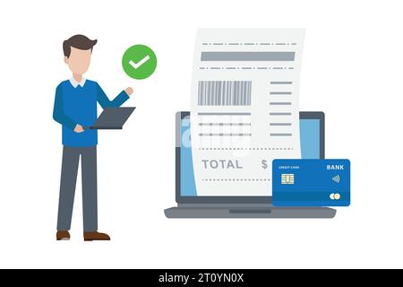 Illustration der kontaktlosen Bezahlung eines Mannes, der Rechnungen mit Laptop online bezahlt Stock Vektor