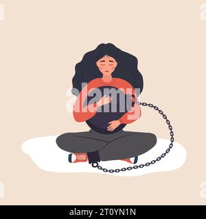 Selbstfahndung. Traurige Frau umarmt schwere Bälle und fühlt sich schuldig. Begriff psychologischer Selbstverletzung, Kritik, Urteilsvermögen. Psychische Probleme Stock Vektor