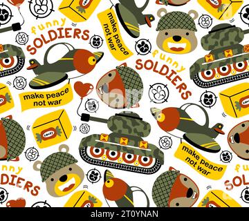 Nahtloses Muster von Tiersoldaten, gepanzerten Fahrzeugen, Comic mit militärischen Elementen Stock Vektor