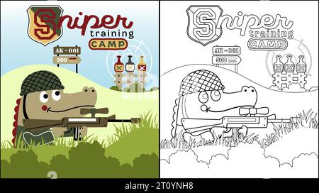 Vektor-Cartoon von Krokodil im Soldatenkostüm, das Waffenschießen auf Flaschen hält Stock Vektor