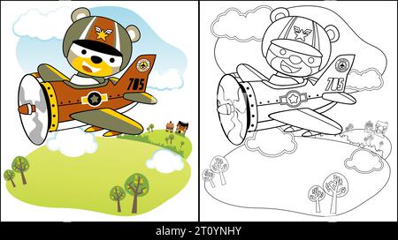 Vektor-Cartoon des niedlichen Bären Piloten im Militärflugzeug fliegen über Land, Malbuch oder Seite Stock Vektor