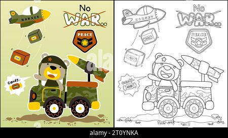 Vektor-Cartoon des niedlichen Bären auf Militärwagen mit Rakete, Militärflugzeug fallende Süßigkeitenbox, kein Kriegsslogan, Malbuch oder Seite Stock Vektor