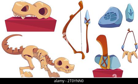 Archäologie Museum Design Elemente isoliert auf weißem Hintergrund. Zeitgenössische Zeichentrickvektor-Illustration von Dinosaurierschädel und Skelett, Steinzeitwerkzeuge und Waffe, Amulett, fossile Fußabdrücke Stock Vektor