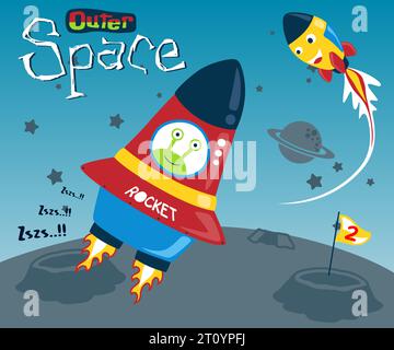 Cartoon von Alien auf einem Raumschiff, Cartoon von Weltraumelementen Stock Vektor