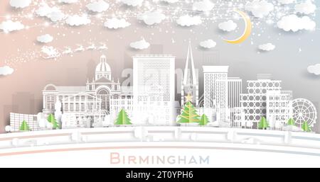 Birmingham Großbritannien. Winter City Skyline im Papierschnitt-Stil mit Schneeflocken, Mond und Neongirlande. Weihnachts- und Neujahrskonzept. Stock Vektor