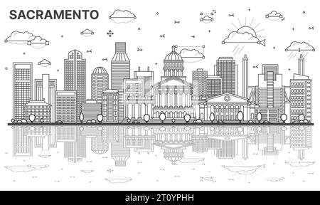 Umreißen Sie die Skyline der Stadt Sacramento California mit modernen Gebäuden und Reflexen auf weiß. Vektorabbildung. Sacramento, USA, Stadtbild. Stock Vektor