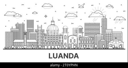 Umreißen Sie die Skyline der Stadt Luanda Angola mit modernen und historischen Gebäuden, die auf weiß isoliert sind. Vektorabbildung. Luanda Stadtbild mit Wahrzeichen. Stock Vektor