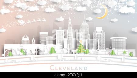 Cleveland, Ohio, USA. Winter City Skyline im Papierschnitt-Stil mit Schneeflocken, Mond und Neongirlande. Weihnachts- und Neujahrskonzept. Santa Claus auf Slei Stock Vektor