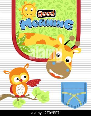 Niedlicher Giraffen-Cartoon mit Eulenmuster und Sonnenaufgang für Kinder Stock Vektor