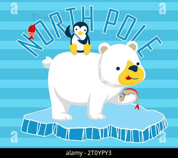 Cartoon von Pinguinen, die auf Eisbären sitzen, Tieren, die auf Eisbrocken fischen Stock Vektor