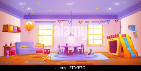 Innenraum des Kindergartens mit Tisch und Stühlen, Kinderrutsche und Spielzeug. Karikaturvektor-Illustration der Vorschulerziehung und des Spielraums mit Fenstern und Möbeln. Vorschulstudium montessori. Stock Vektor