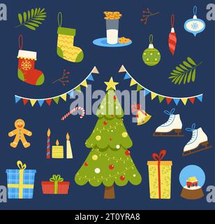 Weihnachtssymbole im flachen Stil. Weihnachtsdekoration und Weihnachtsartikel. Stock Vektor
