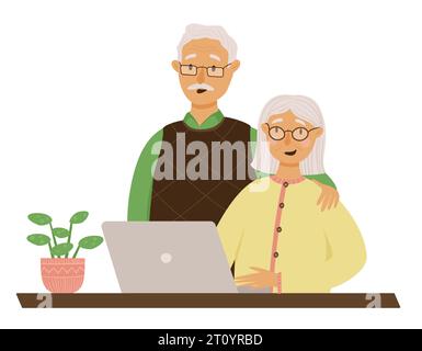 Glückliche Rentner arbeiten am Computer. Niedliche Großmutter, die online studiert, ihr Mann unterstützt sie. Vektorabbildung Stock Vektor