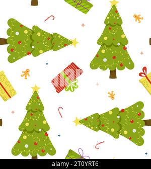 Nahtloses Vektormuster mit Weihnachtsbaum, Geschenken, Süßigkeiten und Lebkuchenmännern. Abbildung in flacher Ausführung. Weihnachten und Neujahr Stock Vektor
