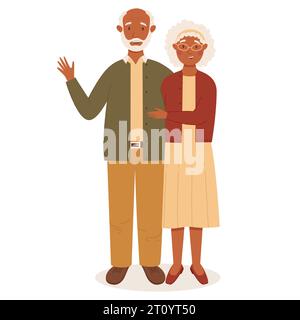 Glückliches Senior-Paar von schwarzhäutigen Frauen und Männern. Stylischer Look. Senioren stehen zusammen und lächeln. Farbige flache Zeichentrickvektor-Illustration Stock Vektor