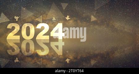 Happy New Year 2024 mit Feuerwerk und Milchstraße Hintergrund. Kopierraum und horizontales Panorama-Design. Stockfoto