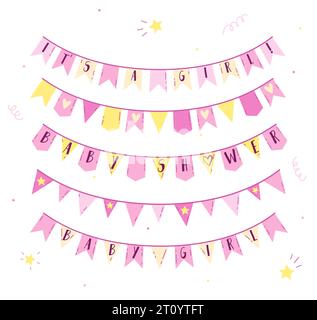 Ein Set farbenfroher Girlanden für die Geburt eines Mädchens. Vektor-Design-Elemente für Baby-Dusche-Einladungen, Poster oder Banner mit rosa Typografie-Design, Stock Vektor