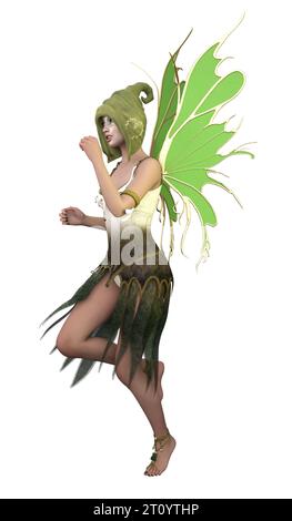 Fantasy-Fee-Mädchen im Hut mit grünen Flügeln, 3D-Illustration. Stockfoto