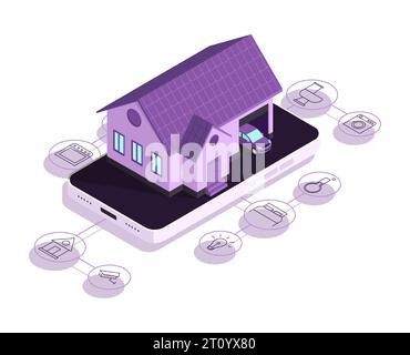 Illustration des konzeptionellen isometrischen Vektors der Smart Home-Technologie. Gebäude mit Symbolen von Smart-Geräten in Haushalten verbunden. Vektorillustration Konzept o Stock Vektor