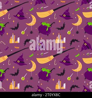 Nahtloses Halloween-Muster mit niedlichen esoterischen Elementen. Gruselige Vektorillustration. Trick or Treat Urlaub Hintergrund. Von Hand gezeichnete endlose Textur für Stock Vektor