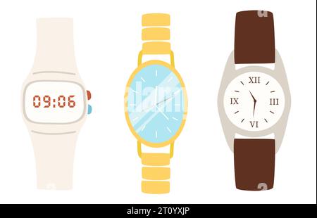Set mit drei verschiedenen Uhren. Elektronische Armbanduhr, Damenuhr aus Metall, brutale Uhr mit Lederarmband. Symbol für Design und Anwendungen. Vect Stock Vektor