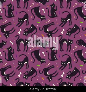 Nahtloses Halloween-Muster mit mysteriöser schwarzer Katze. Vektorabbildung. Handgezeichnete Illustration für Textil, Geschenkpapier, Stoffdesign. Stock Vektor
