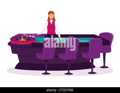 Croupier in einem Casino an einem Roulette-Tisch-Vektor-Illustration. Flache Abbildung der Figuren von Personen. Für Design-Casino-Websites. Stock Vektor