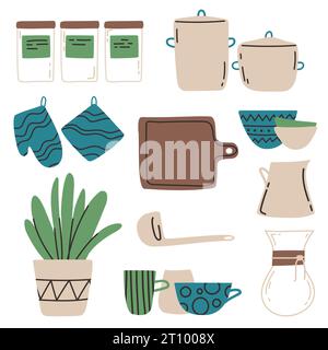 Set einer Küchenutensilien-Vektor-Illustration. Pfannen, Tassen für Kaffee, Schüsseln, chemex, Brett und Bänke. Flaches Design Stock Vektor