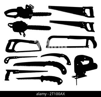 Silhouette der Sägemaschine und der manuellen Werkzeugkonstruktion Stock Vektor